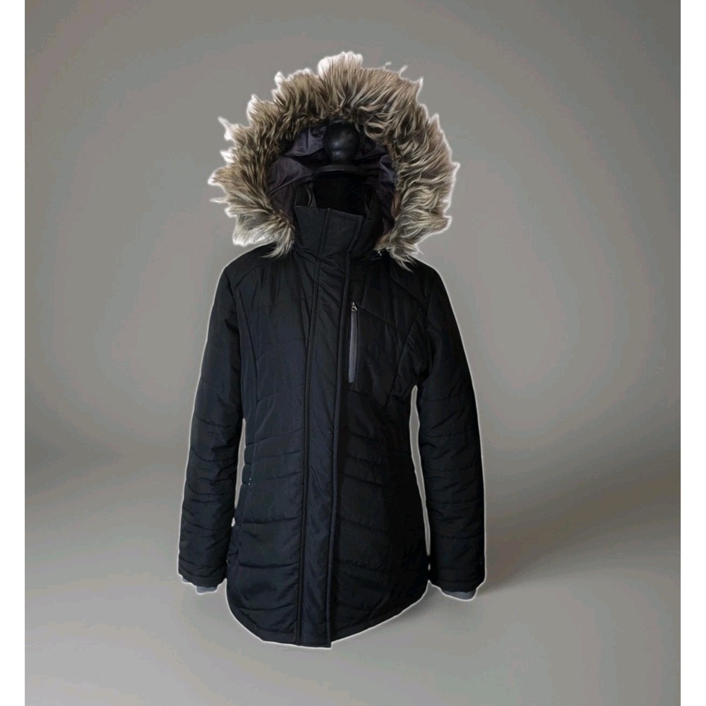 Free Country Womens Small Black Insulated Parka Coat Faux Fur Hood Winter